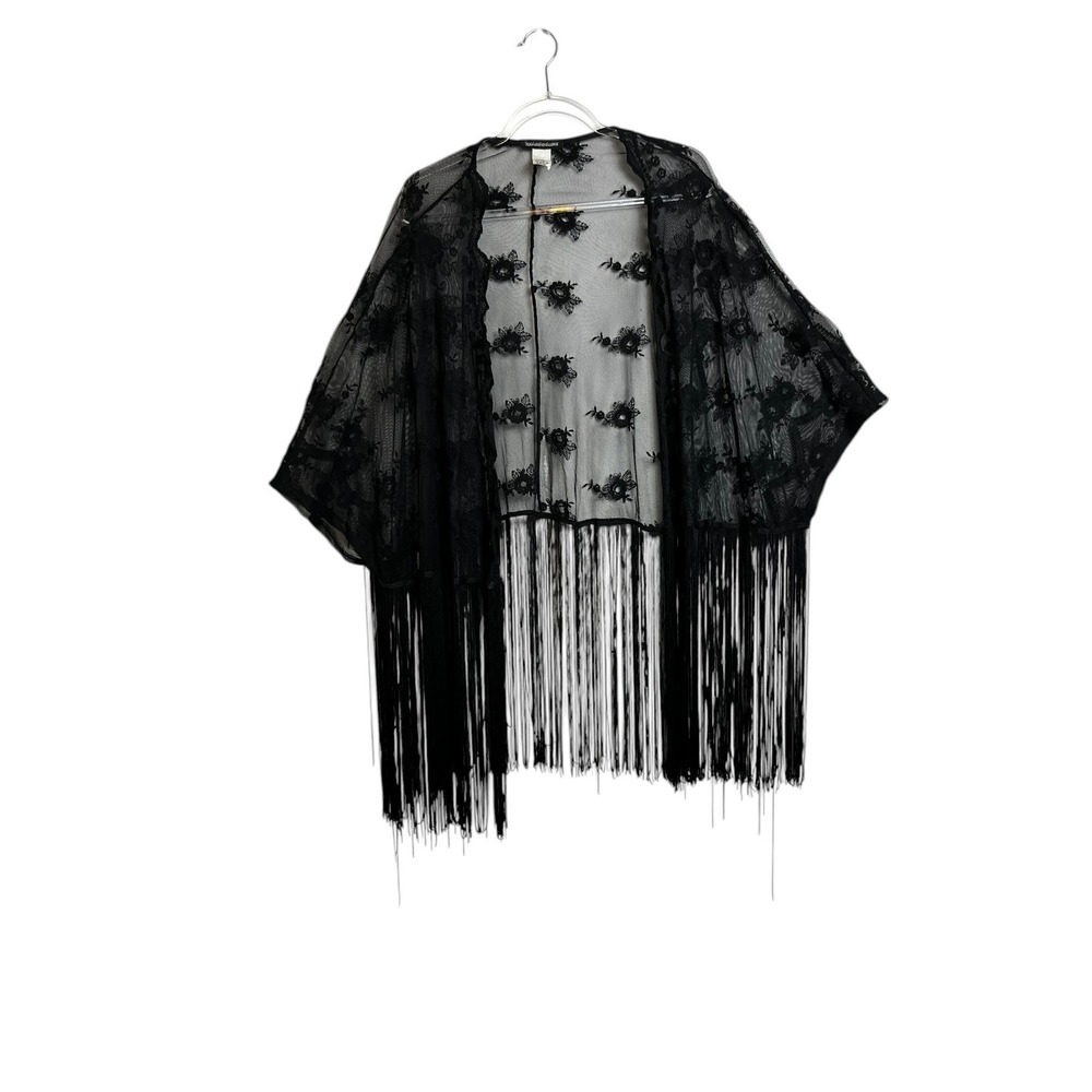 You Are Not Alone Black Floral Lace Fringe Kimono‎ Wrap Swim Cover M